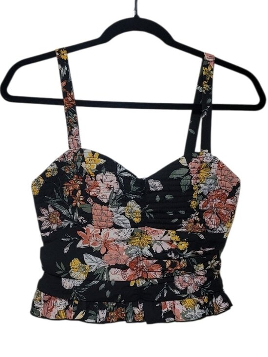 Bog Collective Tops - BOG Collective Black Floral Smocked Ruffle Crop Top Tank Small Boho